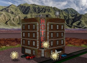 The 100 feet tall hotel.  A 250 foot long road is 4 feet to the right of the hotel. The first car is 4 feet in front of the hotel. A second large car is 10  feet to the right of the first car. The third car is on the road. A woman is 4 feet in front of the 3rd car. A 15 foot wide gold covid19 is 9 feet in front of the woman. A second 15 foot wide gold covid19 is 7 feet to the left  3 feet above the covid19. A third 15 feet wide gold covid19 is 7 feet in front of the first car.