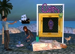 gold lip is 1.4 feet above ground. garden lattice is -2 inch behind lip and 0.1 inch in ground.  garden lattice's lattice is shiny anthracite gray. shiny big black currant head is -0.4 foot in front of lip and 2.75 foot above ground.  big  pistachio green hand is 10 inch in front of head and 1 inch to right. hand is -0.2 foot above head. hand is upside down. hand is facing back. hand is leaning 45 degrees to right.  3 foot wide lavender python is -2 inch above lip and -0.1 inch in front of garden lattice. python is leaning 90 degrees to front.  3 foot long rock is -0.1 foot in front of garden lattice and 24 inch in ground. rock is [texture]. orchid is -1.1 foot left of rock and 1 inch in rock. orchid's vase is 0.5 foot wide [texture]. ground is 20 foot wide 20% reflective [water].  40 foot wide circle is -20 foot left of garden lattice and 0.01 inch in ground. circle is -15 foot to back. circle is 5 foot wide  [texture]. 40 foot long [texture] croissant is -14 foot behind circle and 7 foot in ground.  8.2 foot tall dark palm tree is 4.2 foot left of garden lattice. 4.8 foot tall man is -0.1 foot in front of palm tree and -0.9 foot to right. man is facing northeast. 3.2 foot tall woman is 0.5 foot left of garden lattice and  6 foot to back. big pale blossom is -0.5 foot in front of woman and 0.5 foot in ground.  blossom is -0.7 foot to left. 0.7 foot wide silver sphere is 1 inch in blossom. 15 foot long black galleon is 70  foot behind croissant and 1 foot in ground.  galleon is -5 foot to left. galleon is facing southwest. sun is midnight blue. camera light is heather lilac. ambient light is iceland blue. old gold light is 3 foot in front of head. shiny crown is -26  inch in front of rock and -1.7 foot to right. crown is 0.2 inch above ground.  crown is leaning 15 degrees to left.  big snipe is -0.1 foot right of garden lattice and 5 foot to back.  snipe is facing southeast. 
