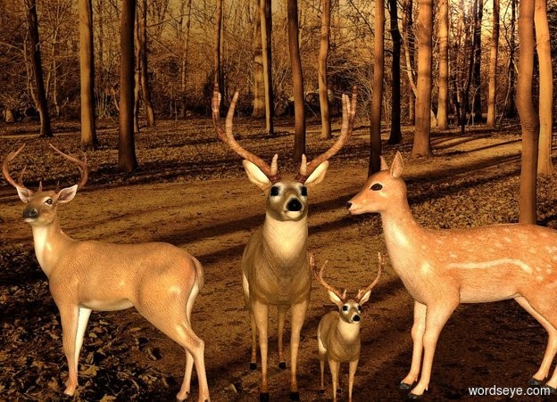 Input text: backdrop is [forest]. sun's azimuth is 25 degrees. sun's altitude is 20 degrees. sun is linen. 2nd deer. 1st deer is left of him. He faces left.  3rd deer is right of 2nd deer. She faces left. 4th small deer is -1 feet south of her and -.4 feet left of her. ambient light is amber. 