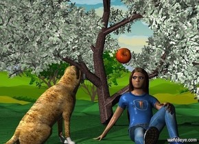 a huge apple tree. a very huge apple is in front of the tree. it is 10 feet above the ground. the tree's leaf is forest green. the apple leans 80 degrees to the front.

a huge person is sitting .1 foot in the ground. he is -2 feet in front of the apple. ground is forest green. a huge dog is left of the person. the dog faces the apple. the dog is [hair].

camera light is black. a linen light is 10 feet in front of and 10 feet left of and above the person.