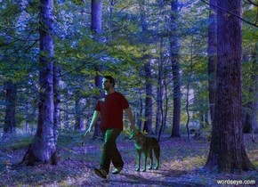 Forest backdrop is 20% shiny. Blue sun. A wolf is behind a man. Camera light is black. A cyan light is above and 2 feet left of and in front of the man.