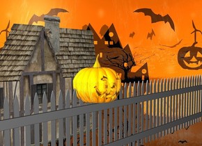 a shiny [halloween] backdrop.sky is 2500 feet tall.a 100 inch tall flat house is on the ground.a 50 inch tall and 300 inch wide  gray fence is 50 inch in front of the house.a 30 inch tall shiny orange pumpkin is -10 inch above the fence.