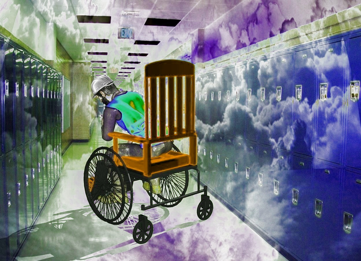 Input text: a  shiny backdrop.a 100 inch tall red wheelchair.sky is cloud.a 80 inch tall man is -90 inch above the wheelchair.the vest of the man is petrol blue.