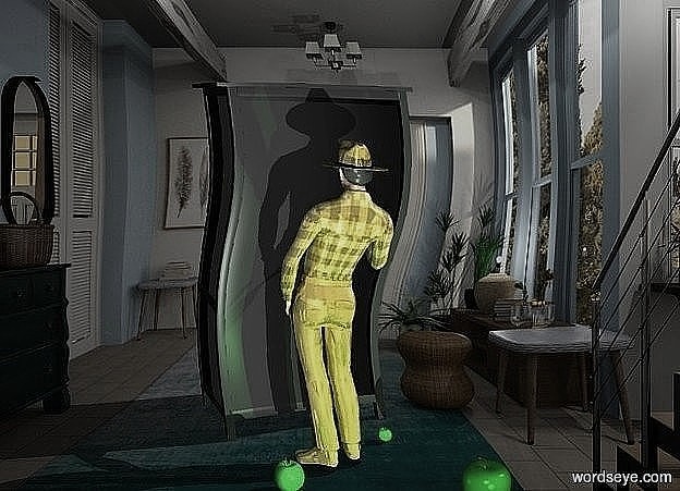 Input text: the man is behind a large dark wardrobe 
the man is shiny and golden

a green apple is next to the man

a light source is 3 meters behind the man 

a large green apple is behind the man to the right

a large green apple is 0.55 meters behind the man to the left

a green light source is 1 meter behind the wardrobe