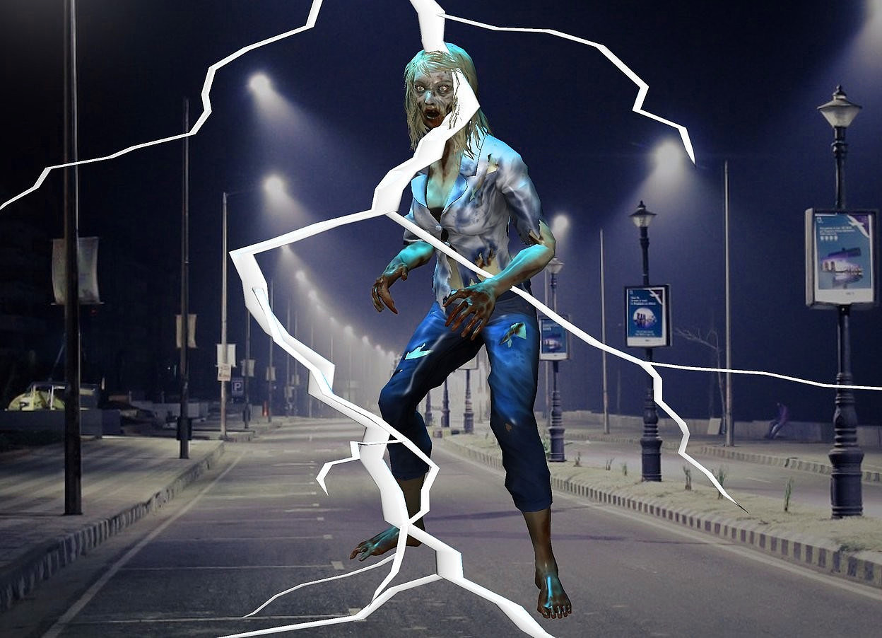 a 100 inch tall  petrol blue zombie.a [street] backdrop.a  200 inch tall and 200 inch wide  white lightning bolt is -140 inch left of the zombie.the  lightning bolt is -150 inch above the zombie.the lightning bolt is -20 inch in front of the zombie.three cyan lights are  40 inch above the zombie.