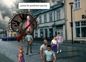 the town backdrop. the gun is in front of the turkey. it is facing right. it is 4 inches above the ground. it is leaning 45 degrees to the back. the tiny newcrowd is 1.5 feet in front of the turkey. 