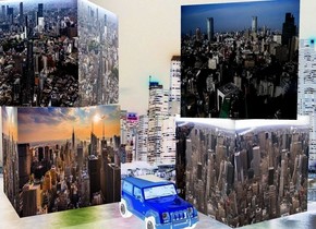 a 1st 100 inch tall  [mc1] cube.a 2nd 100 inch tall [mc2] cube is above the 1st cube.the 2nd cube is facing southeast.backdrop is [city].a 3rd 130 inch tall [mc3] cube is 140 inch right of the 1st cube.the 3rd cube is facing west.the 3rd cube is -150 inch above the 1st cube.a 4th 140 inch tall [mc4] cube is above the 3rd cube.the 4th cube is facing southwest.a 50 inch tall metal car is 40 inch left of the 3rd cube.