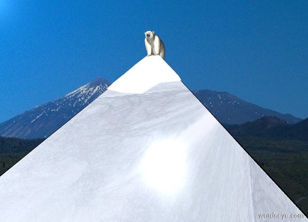 Input text: a polar bear is -.1 foot above a silver pyramid.  the pyramid's top is shiny white. backdrop is [ice]. sky is [snow]. sun is ghost white. a big light is 10 feet in front of the polar bear.