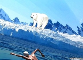 The  [scene]  backdrop. it is noon.  a  tall polar bear leans to the left. a light is 3 feet above the bear. ambient light is ghost white.