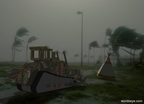 Florida backdrop. A 50% dark 20% shiny cream bulldozer. Camera light is black. Azimuth of the sun is 140 degrees. A tepee is 15 feet in front of the bulldozer. It is leaning 10 degrees to the right. A grey light is 10 feet right of and behind the tepee. Sun is cream.