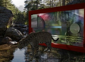 A shiny pattern painting. A light is in front of the painting. Camera light is black. A small panther is in front of the painting. A light is left of and above and in front of the painting.