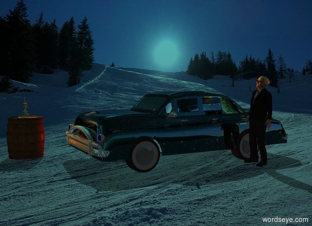 Input text: A shiny black car. Sun is cyan. A barrel is 1 foot in front of and left of the car. Azimuth of the sun is 290 degrees. Camera light is black. A man is -5 feet behind and right of the car. A shiny lamp is above the barrel. An orange light is -6 inch above the lamp. A red light is left light.