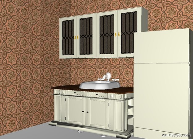Input text: THE WHITE BACKDROP. THE GROUND IS INVISIBLE.
 a beige refrigerator is 6 feet tall and 3 feet wide. a large tile wall is behind and -4 feet left of the refrigerator. a 4 foot deep and 6 foot wide beige counter is left of the refrigerator. a 1st 3 foot tall beige cabinet is 2 feet above and -3 feet right of the counter. a 2nd 3 foot tall beige cabinet is left of the cabinet. a 2nd large tile wall faces right. it is .5 feet left of the counter. a 4 foot tall and 3 foot deep white sink is -3 feet above the counter.