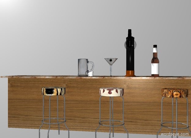 Input text: THE WHITE BACKDROP. THE GROUND IS INVISIBLE.
2nd 20 feet long and 3.5 feet tall wood wall. a 20 feet wide and 2.5 feet deep marble plank is on the 2nd wall. 1st leopard bar stool is -5 feet left of and 1 feet in front of the 2nd wall. 2nd bar stool is 5 inch tall skin. it is 1.5 feet right of the 1st bar stool. 3rd scales  bar stool is 1.5 feet right of the 2nd bar stool. a mug is  -6 feet left of and -1.5 feet behind the plank. it faces right. a 3 feet tall tap is 2 feet right of the mug. a large beer mug is -11 inches right of and 2 inches in front of the mug.  large beer bottle is 3.5 feet right of the beer mug. a large martini glass is 2 feet left of the beer bottle. a large olive is -.2 feet above the martini glass.