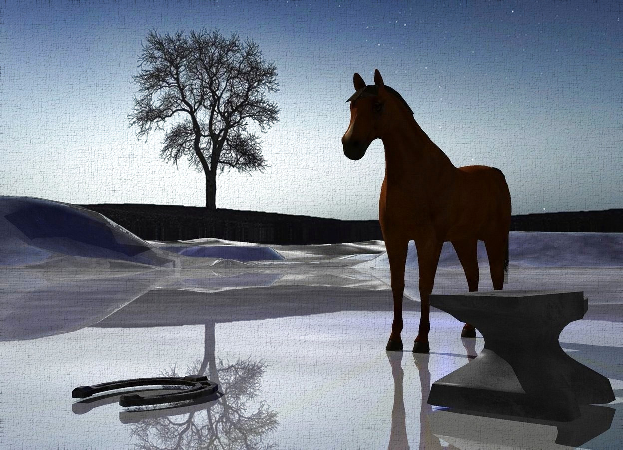 Input text: An anvil. Shiny ground. A tiny horse is behind and 8 inch left of the anvil. It is -0.1 inch above the ground. Camera light is black. A navy light is left of and behind the horse. A horseshoe is 1 foot in front of the horse. Silver sun.