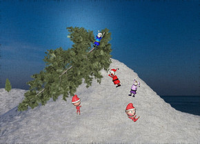 Christmas backdrop. a white marble is 20 feet above the ground. a  white fir tree is 2 feet in front of and -14 feet above and 30 feet left of the marble. it leans 125 degrees to the southeast. sun's azimuth is 180 degrees. shadow plane is invisible. first large elf is -14.5 feet in front of and -22 feet above and -14 feet right of the tree. the elf leans left. a second 8 feet tall elf is -37 feet above and -18 feet in front of and -10 feet right of the tree. the second elf leans 29 degrees to the southeast. the second elf faces southwest. a third 9 feet tall elf is 28 feet left of and -8 feet above and 10 feet in front of the marble. the third elf faces southeast. fourth 11 feet tall elf is 1 feet above and 2 feet behind the third elf. the fourth elf faces the first elf. the fourth elf leans 12 degrees to the left. fifth 12 feet tall elf is 27 feet left of and -25 feet above the fourth elf. the fifth elf faces back. the fifth elf leans 10 degrees to the back. a 8 feet tall white pine tree is -1 feet left of and -46 feet above the white fir tree
