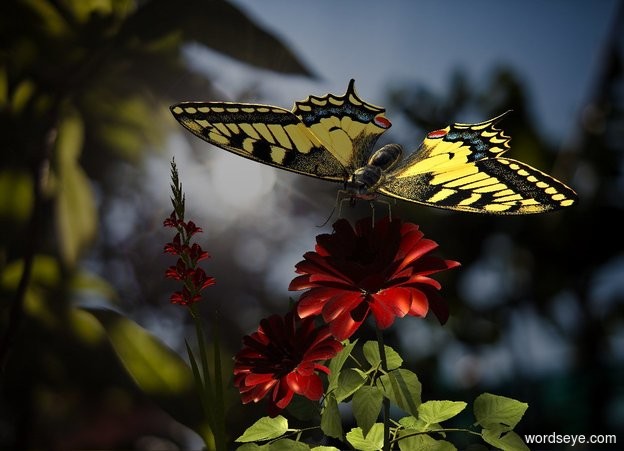 Input text: Shape backdrop. A 50% shiny butterfly is on a flower. Camera light is black. Altitude of the sun is 30 degrees. Black sky. Azimuth of the sun is 320 degrees. A lemon light is behind and left of the butterfly. A flower is left of the flower.