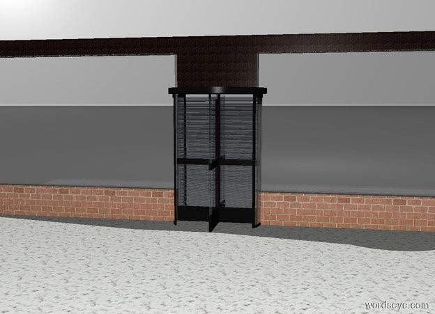 Input text: a door. 1st 2 feet tall and 15 feet long brick wall is -6 inch right of the door. 2nd 8 feet tall and 15 feet long clear wall is above the 1st wall. 3rd 2 feet tall and 15 feet long brick wall is -5 inch left of the door. 4th 8 feet tall and 15 feet long clear wall is above the 3rd wall. 5th 2 feet tall and 4.6 feet long [metal] wall is above the door. 6th 1 feet tall and 34.6 feet long [metal] wall is -1 inch above the 5th wall. a 35 feet long and 15 feet wide [stone] sidewalk is -3 feet in front of the door. it faces left. backdrop is white. sky is invisible.