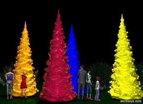it is night. 3d ground is visible. a light is  in front of and 10 feet above a shiny solid blue christmas tree. a shiny solid yellow christmas tree is 1 foot right of and 1 foot in front of the tree. a shiny solid fuschia christmas tree is 3 feet left of the tree. a shiny solid tangerine christmas tree is 1 foot behind and left of the tree. ground is dark green. 6 shiny dark green bushes are behind the trees. a small man is right of the fuschia tree. he faces back. a small woman is right of the man. she faces right. a small child is in front of and right of the woman. the child faces right. a small girl is in front of the tangerine tree. she faces back. a 2nd small woman is in front of and left of the girl. she faces back.