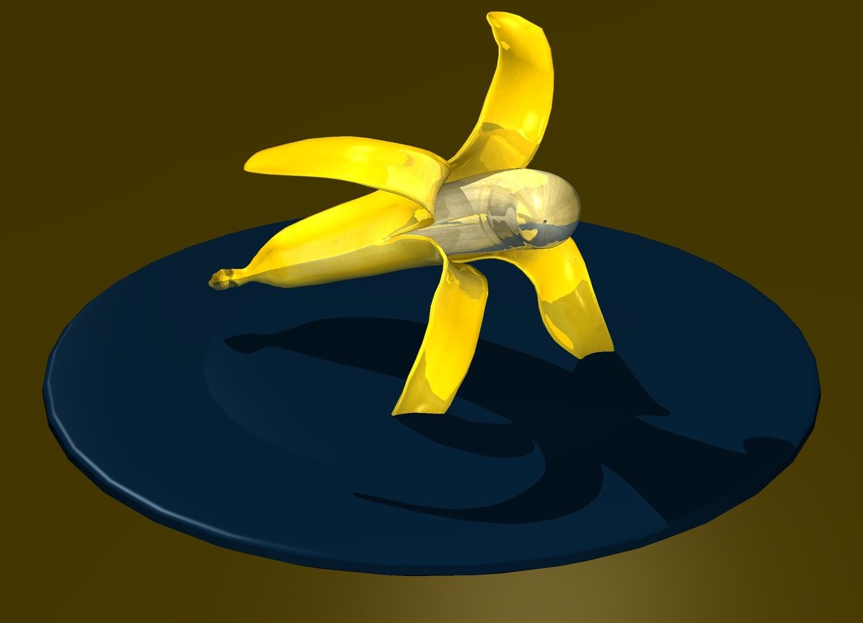 Input text:  sky is  gold.sun is gold.a 120 inch tall petrol blue plate.a 1200 inch tall shiny gold banana is -400 inch above the plate.backdrop is shiny black.the banana leans 70 degrees to left.