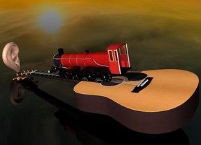 a face up 15 feet tall guitar.a tiny train is -22 inches above the guitar.the train is facing north.a 3 feet tall ear is behind the guitar.the train is leaning 12 degrees to the south.clear ground.