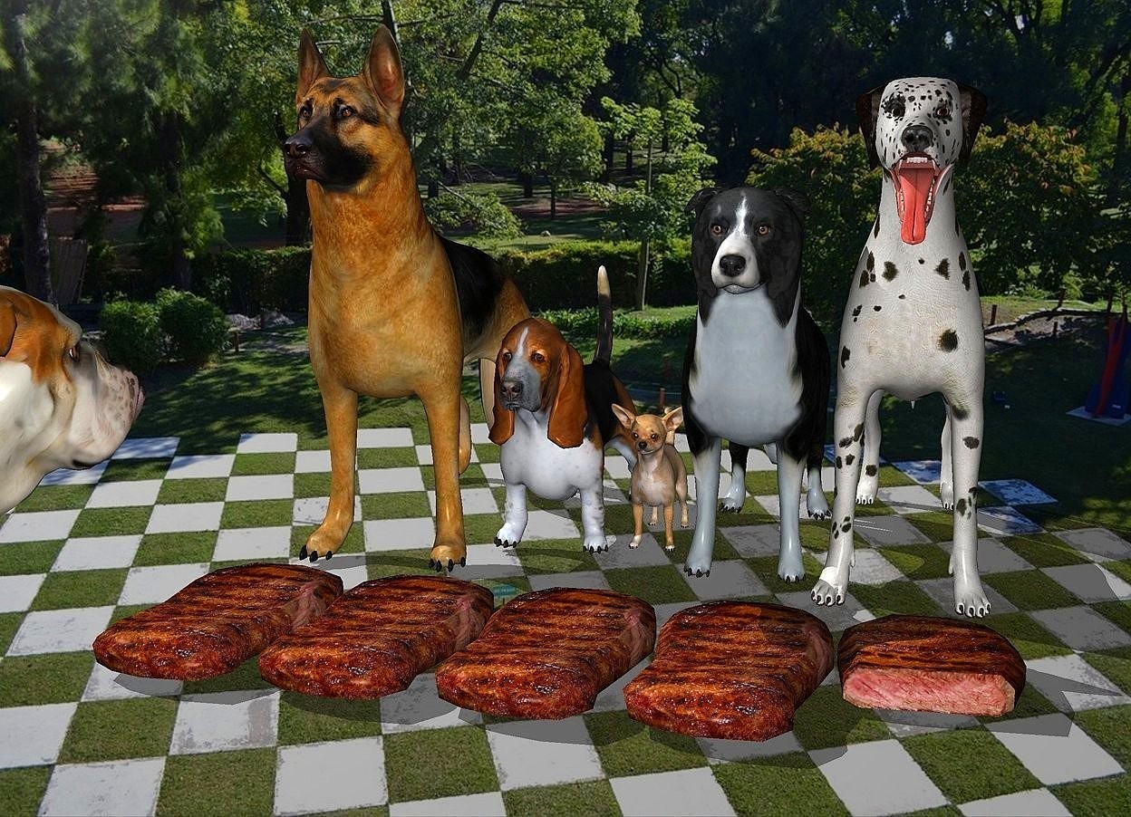 Input text: five  dogs.five 3 inch tall steaks are -5 inch in front of the five dogs.a 25 inch tall bulldog is -15 inch left of the five dogs.the bulldog is 20 inch in front of the five dogs.the bulldog is facing northeast.