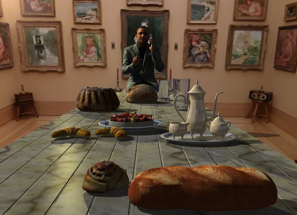 Input text: A very long 70% dark marble table is in a room. Bread is -0.2 inch above and -5 feet behind the table. A mug is behind and right of the bread. A cake is 1 foot in front of and left of the bread. A glass is 1.2 foot right of the cake. A tea service is 3 feet in front of and -7 inch left of the glass. A tart is 4 inch left of and 2 feet in front of the glass. A croissant is left of and in front of the tart. It is -0.1 inch above the table. A croissant is right of the croissant. It is facing southwest. It is -0.1 inch above the table. A bread is 2 feet in front of and right of the croissant. A bread is left of and behind the bread. A man is  behind the table. Camera light is black. A khaki light is above and 2 feet left of the man.