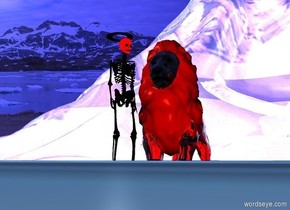 a sitting red lion on an island. the ambient light is pale blue. there is a green light 1 foot to the left of the lion. there is a 5 foot tall skeleton next to the lion. the camera light is orange. there is a white light in the skeleton. there is a gray light in the lion.
The skeleton is facing southeast . there is a reflective volcano behind the lion. there is a green river under the lion. 
The lion is clear. the ground is village. the skeleton is black. The lion's mane is light red. The skull of the skeleton is invisible. the ground is shiny. there is a black halo above the skeleton. the mountain is town