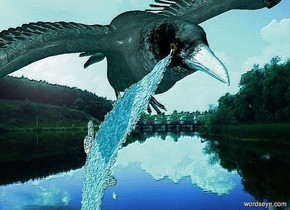 a raven. backdrop is river. a 3 feet long and .2 feet wide river is -.982 feet left of and -3 feet above and -1.3 feet in front of the raven. it leans 100 degrees to the left. ambient light is aqua