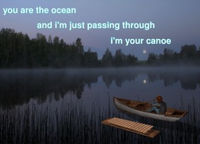The fog backdrop.
The boat is facing left.
The big wooden xylophone is 1 inch in front of the boat.
The woman is in the boat.
The big wooden xylophone is on a big wooden plank.
The ground is reflective.