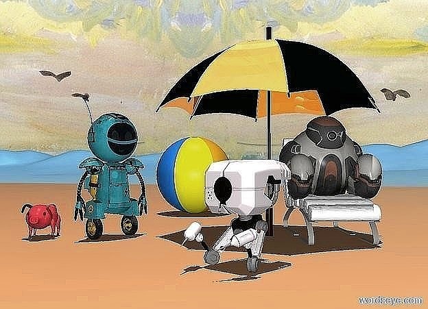 Input text: a 1st robot faces southeast. ground is [mountain]. it is noon. a tall shiny umbrella is right of the robot. a 4 foot deep white lounge chair is .5 feet right of the umbrella. a 2nd robot is -1.75 foot above the chair. a 3rd lavender blush robot is 1 foot in front of and .5 feet  left of the chair. it faces southwest. a beach ball is 4 feet behind and -.5 feet right of the 1st robot.  a pig robot is left of the robot.  