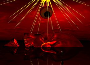 the ground is black and shiny. There is a 1st very large clear red skull. the 1st skull leans 90 degrees to the back. the 1st skull is 1.8 foot in the ground. There is a 2nd very large shiny red skull. the 2nd skull leans 90 degrees to the back. the 2nd skull is 2.4 foot in the 1st skull. a 1 inch tall woman is 2 foot to the right of the skull. the woman is on the ground. the woman is facing the skull. a very large eye is 5 inches above the skull.  the eye is facing the woman. the eye leans 35 degrees to the front. a large gold light is above the skull. the camera light is gold.
 the ambient light is gold. the sun is red. a very large white light is above the woman. there is a sun symbol  1.5 feet in the eye. the sun symbol is facing the woman.