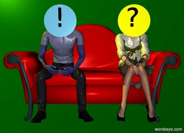 Input text: a green backdrop.a 100 inch tall  80% dim red couch.a 100 inch tall blue man is -95 inch above the couch.the man is -30 inch in front of the couch.the man is -83 inch left of the couch.a 100 inch tall yellow woman is 20 inch right of the man.sun is yellow.a 1st 26 inch tall flat sky blue sphere is in front of the man.the 1st sphere is -27 inch above the man.a 2nd 26 inch tall flat yellow sphere is 33 inch right of the 1st sphere.a 15 inch tall black "!" is in front of the 1st sphere.the "!" is -18 inch above the 1st sphere.a 15 inch tall black "?" is 53 inch right of the "!".
