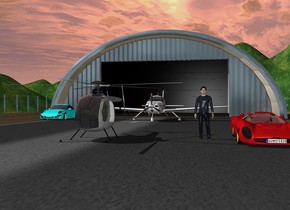 The airport runway with the black door. A helicopter is on the runway. The Ferrari is 5 feet to the right of the helicopter. The man is 2 feet to the left  of the Ferrari. The airplane  is 25 feet behind the helicopter. The  sun is darker. The cyan porsche is 5 feet to the left of the airplane and 10 feet forward.