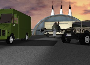 The jet is on the runway. The hummer h1 is -20 feet to the right of the jet and 10 feet in front of the jet. The hummer h1 is camouflage. The hummer h1 faces southwest. A truck is 10 feet to the left of the hummer h1 The truck is insect green. There is a first 80 foot tall atlas rocket 30 feet behind the runway. A second 80 foot tall atlas rocket is 3 feet to the right of the first atlas rocket. A third 80 foot tall atlas rocket is 3 feet to the left of the first atlas rocket. 
