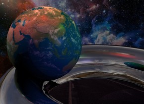 the fantasy backdrop. the silver torus is leaning 90 degrees to the back. the earth is -1 inch above and -4.7 inches to the left of the torus. it is 4 inches tall. the red light is 6 inches above the earth. the green light is 2 inches to the right of the red light. the mauve light is 4 inches to the right and in front of the earth. 

the camera light is black. the ambient light is black. 