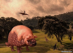 a 10 feet tall wild rose dinosaur. a 8 feet tall and 12 feet long and 7.5 feet wide pig is -9 feet above and -13.8 feet in front of  the dinosaur. it leans 15 degrees to the front. a small [texture] velociraptor is -9 feet above and 7.5 feet right of and -5 feet in front of the pig. it faces left. a pteranodon is 3 feet above the pig. a small man is 4 feet in front of and 1 feet right of the pig. ambient light is old gold. camera light is 80% granite gray