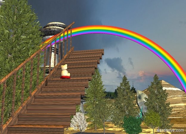 Input text: It is morning.  The large rainbow is 5 feet behind the 6 trees. 5 fir trees are behind it.  
A 110 foot tall [wood] stairs is 2 inches in front of it.  A large douglas fir is to the left of the stairs.  The [grassy] ground is grey. The orange light is 1000 feet above the camera. The 10 foot tall teddy bear is on the stairs.  It is facing backwards.