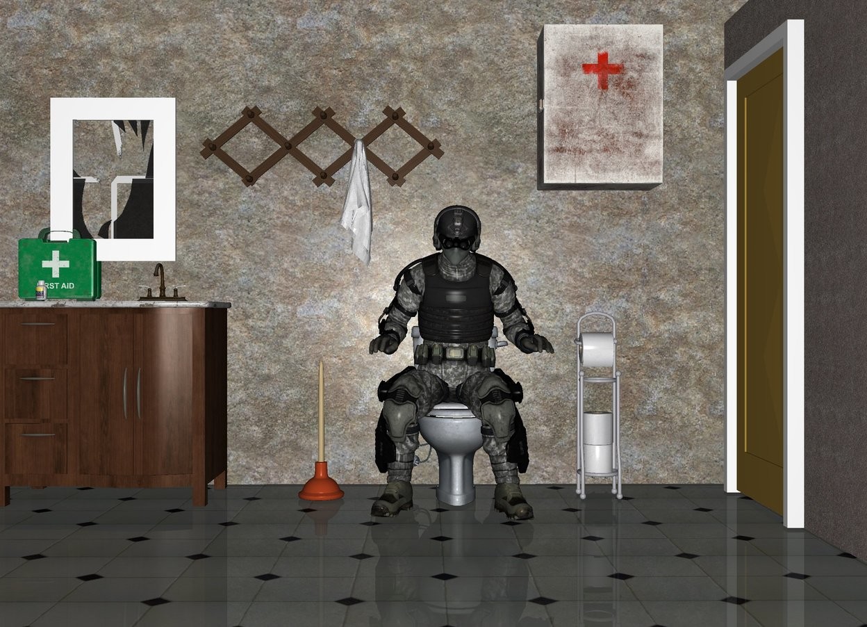 Input text: The man is -3 feet above the toilet. The man is -1.5 feet in front of the toilet. The 20 feet wide and 30 feet tall wall is behind the toilet. The ground is tile. A second wall is 10 feet to the left of the toilet. The second wall faces the toilet. A toilet paper dispenser is 1 feet to the right of the toilet. A plunger is 1 feet to the left of the toilet. The bathroom sink is 3 feet to the left of the toilet. There is a 2 feet wide window above the sink. There is a wall 40 feet in front of the toilet. There is first aid kit on the sink. A pill bottle is 0.5 feet in front of the first aid kit. There is a towel rack 1.5 feet above the plunger. The medicine chest is 2 feet above the toilet paper dispenser. There is a 20 feet long concrete wall 2 foot to the right of the toilet paper dispenser. The wall faces the toilet paper dispenser. There is a door 3.05 feet to the right of the man. The door faces the man. 