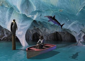Cave backdrop. A penguin is on a large log. It is facing southeast. Camera light is black. A light is left of and above and in front of the penguin. A 20% shiny boat is 2 feet right of and in front of the log. It is facing southwest. A navy light is right of the boat. Sun is pink. A fish is 3.5 feet above and -4 feet right of the boat. It is leaning back. It is facing southwest. A woman is -1.7 foot above the boat. She is leaning 10 degrees to the back. She is facing southwest. Altitude of the sun is 60 degrees.