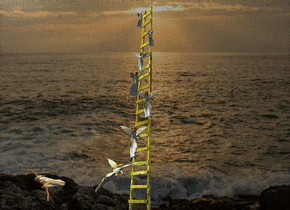 a metal ladder faces northeast. it leans to the left. 1st tiny angel is -6.3 feet right of and -3 feet above the ladder. she faces the ladder. 2nd  2 feet tall angel is 2 feet below the 1st angel. 3rd 2.7 feet tall angel is 1 feet below and -.8 feet right of and 1 feet in front of the 2nd angel. she faces the ladder. she faces northwest. she leans 12 degrees to the front. 4th 2.5 feet tall angel is -1 feet left of and -1 feet above the 3rd angel. she faces right. 5th 3 feet tall angel is 1.5 feet below and .3 feet in front of and -2.5 feet left of the 4th angel. she faces the ladder. she leans to the front. 6th 1.7 feet tall angel is below and right of the 1st angel. she faces left. 7th 4 feet tall angel is -6.3 feet above and -1.5 feet left of the 5th angel. she faces the ladder.  she leans 72 degrees to the front. a 4.6 feet tall man is 3 feet left of and -3 feet behind and -6.7 feet above the 7th angel. he faces northeast. he leans 64 degrees to the northeast. camera light is dim. a sky blue light is 2 feet left of and above the man. a autumn gold light is 3 feet above and in front of the 1st angel.