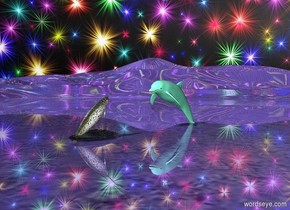 The narwhale is 1 foot in the splash. It is 5 feet long. it is facing right. it is leaning 30 degrees into the back.

The aquamarine dolphin is 3 feet to the right of the narwhale. It is facing the narwhale.

the ground is shiny and mauve. The sky is stars.

The splash is on the ground
