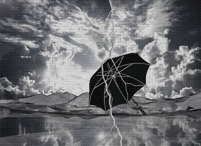 Backdrop is  [cloud].ground is visible and  20% dim shiny.ground is 900 inch wide  [cloud].ground is 40 feet tall.sun is pink.a 200 inch tall black umbrella is on the ground.the umbrella leans 50 degrees to northeast.a 400 inch tall white lightning bolt is in front of the umbrella.camera light is gray.