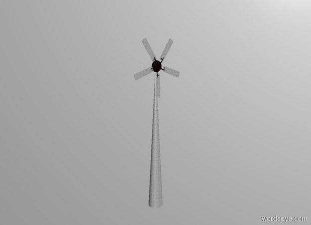 Input text: 20 feet tall and 2 feet wide and 2 feet deep [metal] cone. a 8 inch tall and 8 feet wide and 8 feet deep [metal] ceiling fan is -4.5 feet above and -11 inch behind the cone. it leans 90 degrees to the front. backdrop is white. ground is invisible.