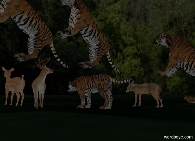 Input text: It is night. Ambient light is gray. Camera light is black.

[forest] sky.

 1st tiger faces west. He is 0 feet above the 25% dark green [grass] ground. 2nd jackal is -6 feet east of him and 5 feet north of him. He faces west. 1st deer is 1 feet west of him and 8 feet south of him. He faces east. 2nd deer is 2 feet west of him. She faces west. 2nd tiger is 0 feet east of 1st tiger and 0 feet north of him. He faces west. He is -1.5 foot above the ground. He leans 45 degrees to the back. A tiger is 1 foot west of him and -6 feet above him. He is 0 foot south of him. He leans 45 degrees to the back. A 
tiger is 0 feet west of him and -8.5 feet above him. He is -4 foot south of him. He leans 45 degrees to the back. He faces south.