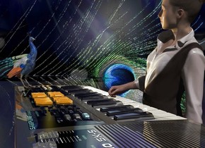 A shiny instrument is -2 feet in front of a small woman. The woman faces the instrument. She is -1.8 feet above the instrument. She is leaning left. Studio backdrop is 20% shiny. A tiny 15% shiny peacock is -6 inch right of and -1 inch above and -1.8 foot in front of the instrument. It is facing the woman. Camera light is black. A cream light is right of the peacock. Music sky is upside down. A lemon light is right of the instrument.