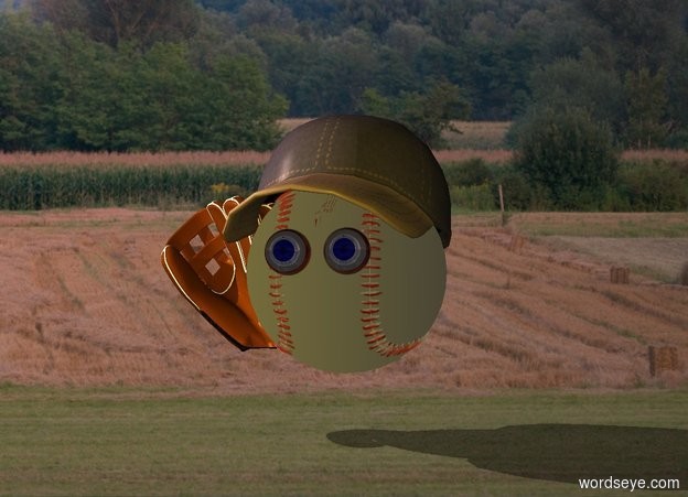Input text: Corn backdrop. A 5.5 inch high cap is -3 inch above a large shiny baseball. A small glove is -2 inch left of the baseball. It is leaning front. The baseball is 2 inch above the ground. A light is left of and in front of the baseball. A shiny eye is -4 inch above and -3.5 inch left of and -1.5 inch in front of the baseball. A shiny eye is -4 inch above and -3.5 inch right of and -1.5 inch in front of the baseball. Sun is pink. Camera light is lemon.