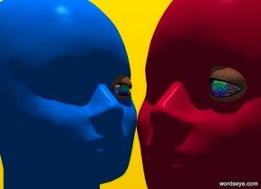 a 10 foot tall fuschia head. a 1st 1 foot tall shiny rainbow eye is -1.5 feet in front of and -4.75 feet above and -2.7 foot right of the head. the body of the eye is silver. a 10 foot tall dodger blue head is -1 foot left of and -4 foot in front of the head. it faces right. a 2nd 1 foot tall rainbow eye faces right. it is -4.75 feet above and -1.5 foot right of and -2.7 feet behind the dodger blue head. the body of the eye is silver. backdrop is lemon. sun is linen. it is noon. camera light is black.