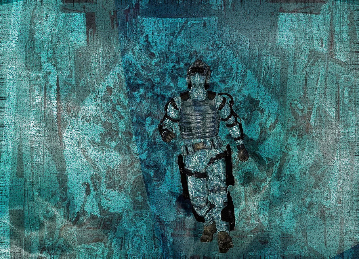 Input text: a shiny [sl] backdrop.sky is [mc].sky is 3000 feet tall.a 50 inch tall shiny cyan soldier.the soldier leans 30 degrees to the front.the 
vest of the soldier is shiny cyan.