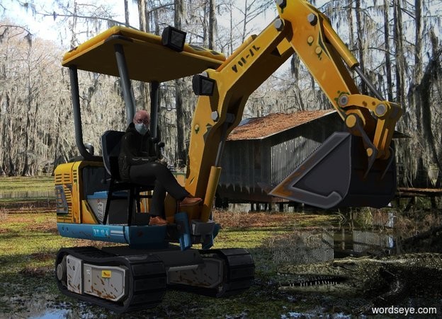 Input text: Marsh backdrop. A backhoe. Camera light is black. A light is 10 feet above and 10 feet right of the backhoe. A sitting man is -8.35 feet above and -2 feet left of the backhoe. An alligator is -9 feet in front of and -3 feet right of the backhoe. It is facing northwest.